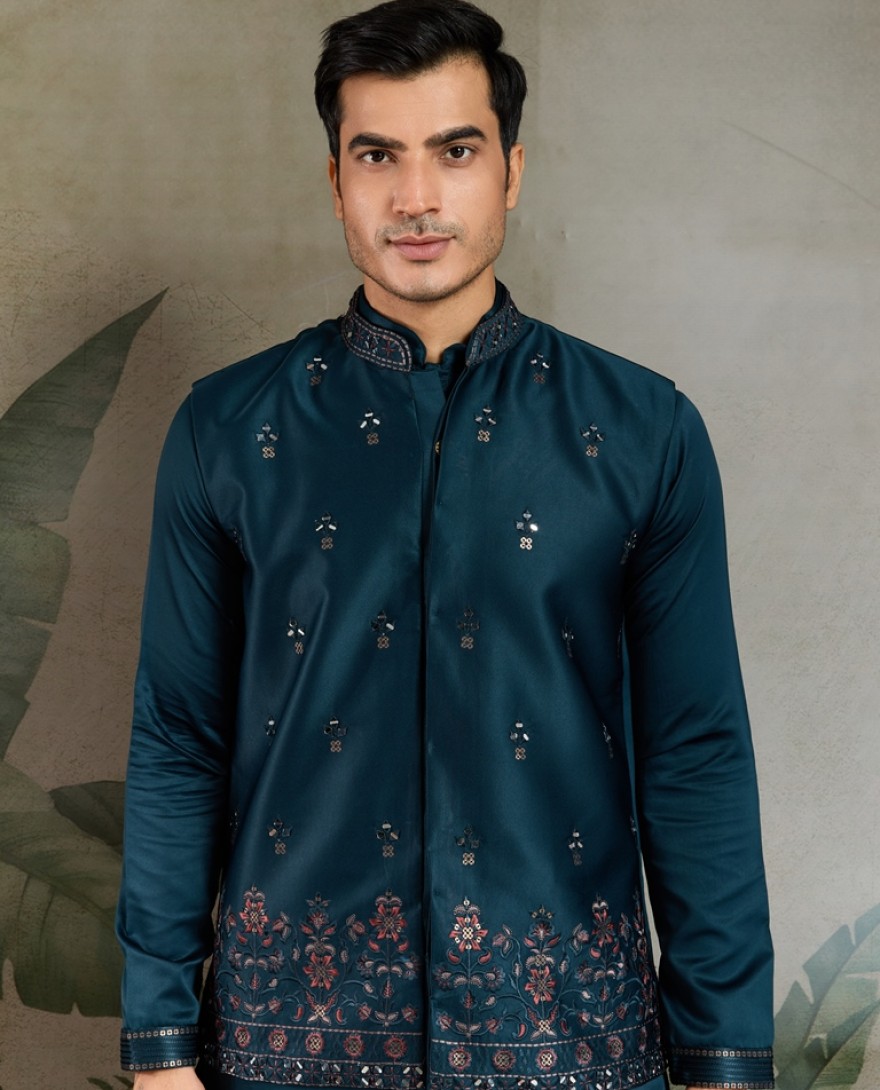 61104-BLUE - Midnight Blue Embroidered Kurta Set for Men